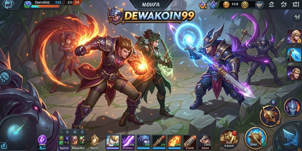 Tangkapan layar DEWAKOIN99 menampilkan aksi seru pertarungan MOBA.