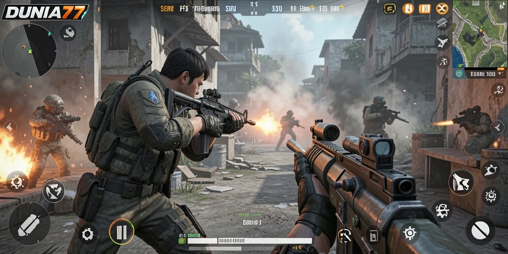 Tampilan gameplay intens di DUNIA77 dengan aksi tembak-menembak yang dinamis.