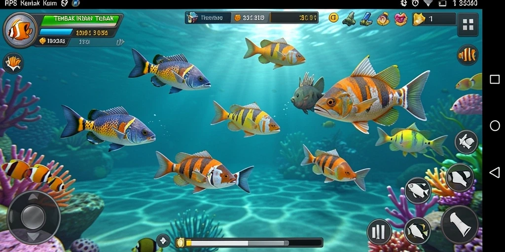 Screenshot menampilkan gameplay seru dari RP8 dengan berbagai ikan warna-warni.